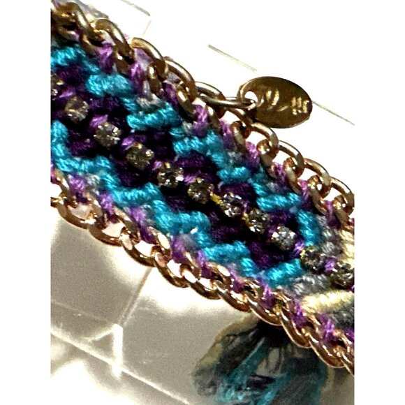 Western Boho Chic Woven Rhinestones Bracelet Blue Reversible Adjustable - Picture 2 of 11